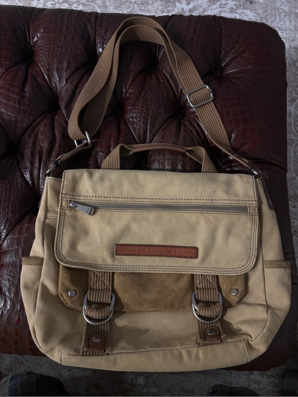 Fossil Vintage Canvas Messenger Utility Bag Brown and Tan Gently Loved